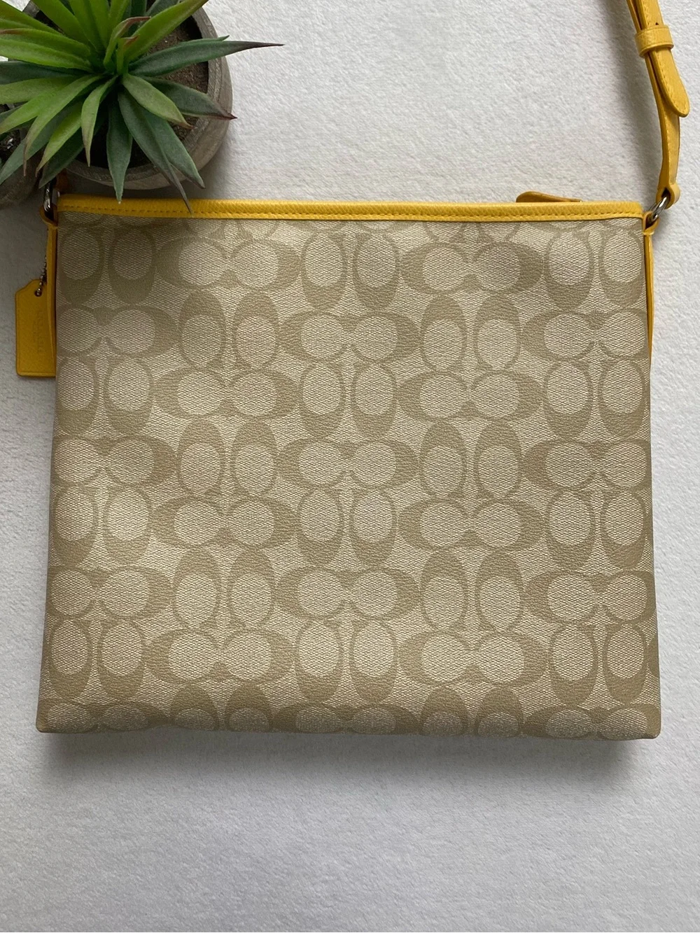 Coach Signature Coated Canvas File Bag | Adjustable Strap | Light Khaki/Canary